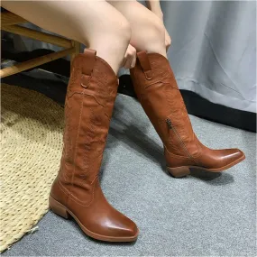 2023 Brand New High Heeled Knee High Women Boots Leather Western Pointed Toed Zipper Vintage Autumn Winter Shoes