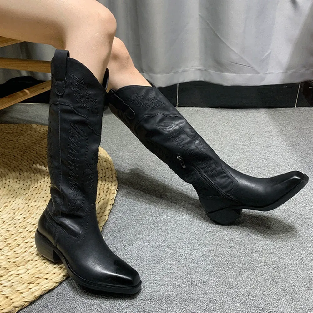 2023 Brand New High Heeled Knee High Women Boots Leather Western Pointed Toed Zipper Vintage Autumn Winter Shoes