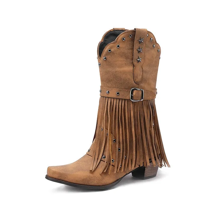 2023 Brand New High Heeled Women Western Mid-calf Boots Pointed Toed Fringed Buckle Metal Star Decor Spring Shoes