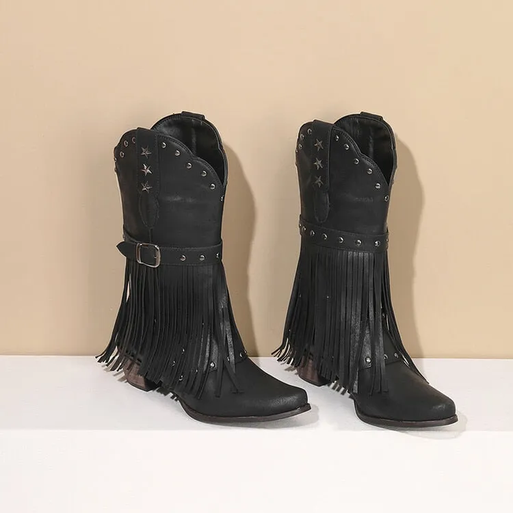 2023 Brand New High Heeled Women Western Mid-calf Boots Pointed Toed Fringed Buckle Metal Star Decor Spring Shoes