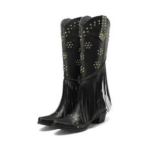 2023 Brand New Women Western Knee High Boots Knight Pointed Toed Zip Metal Nail Fringed Spring Autumn Lady Shoes