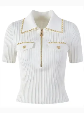 2023 Summer Luxury Chain Design Polo Collar Slim Short Women Y2K Mini Vinatge Tops Stryechy 3 Colors for Choose