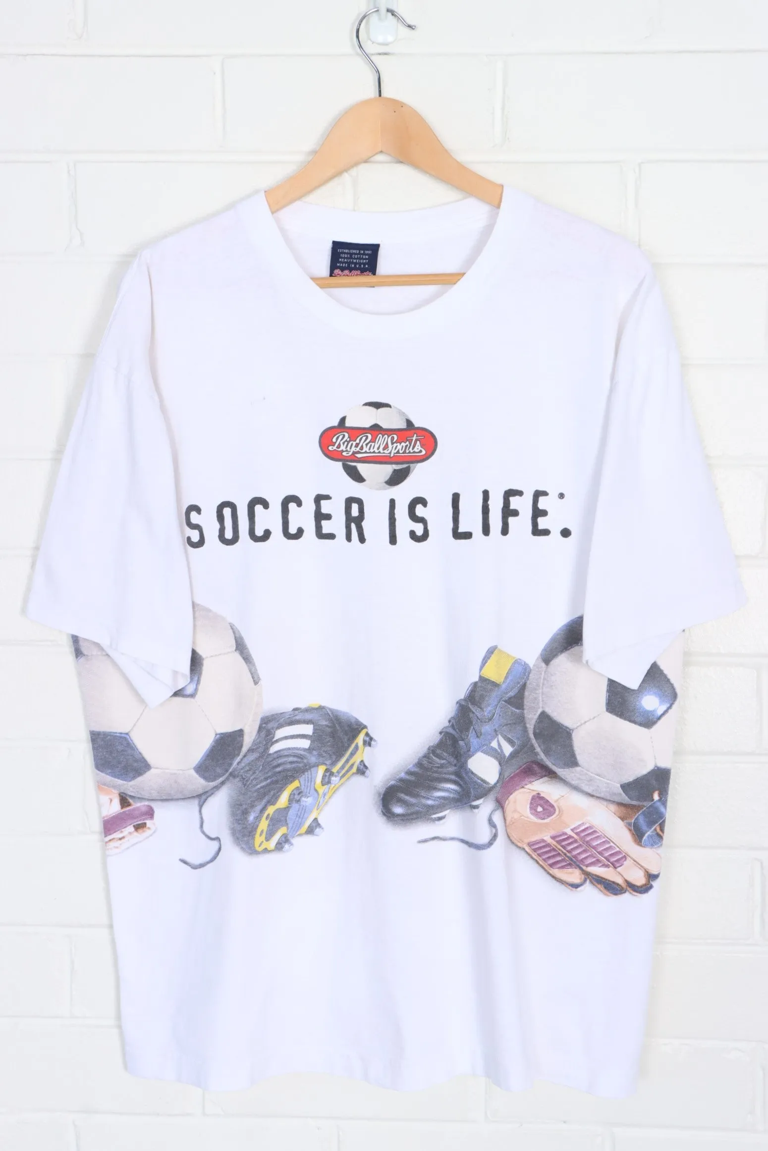 BIG BALL SPORTS 1996 Soccer Is Life Front Back Single Stitch Tee USA Made (XL)