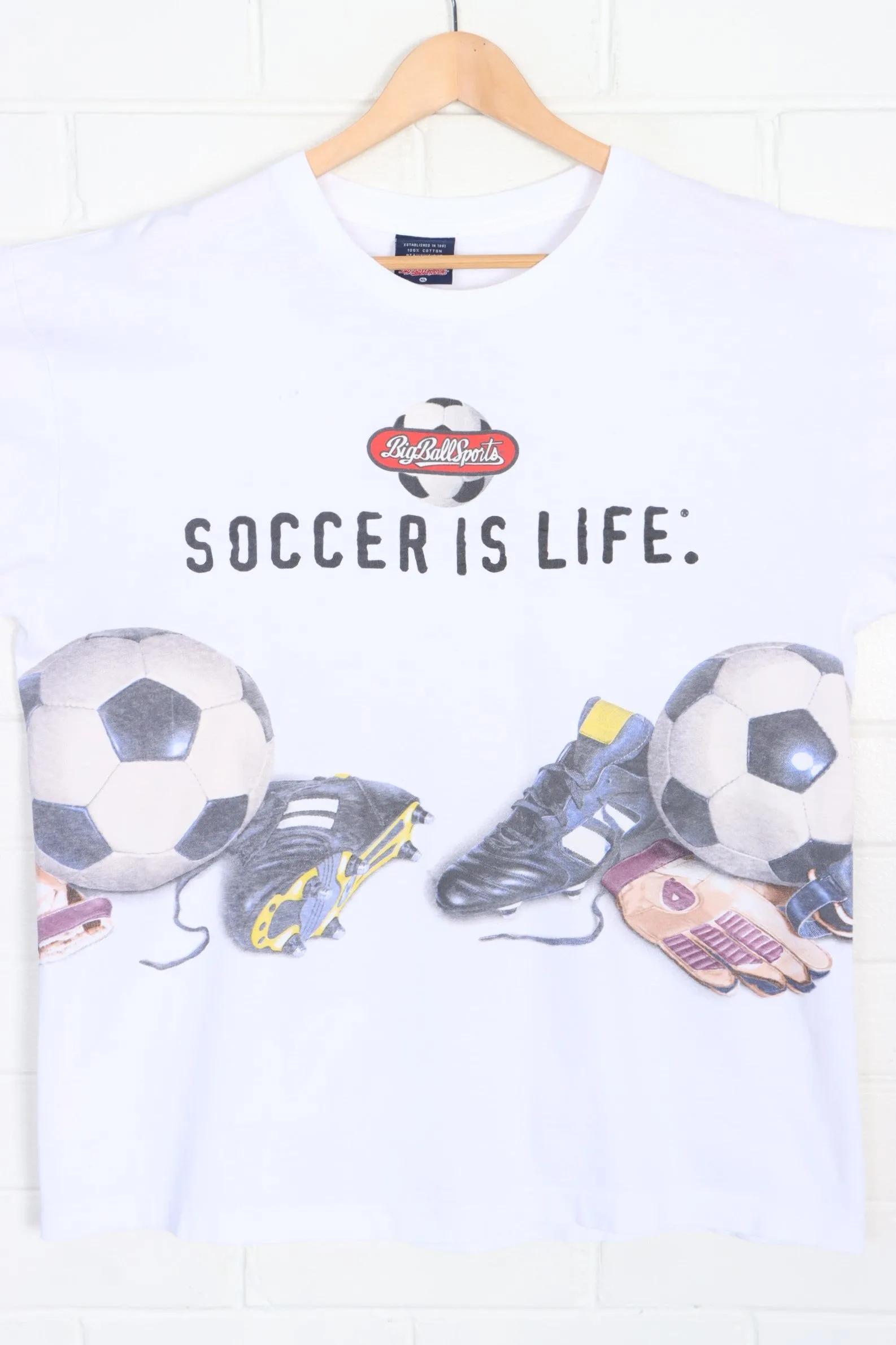 BIG BALL SPORTS 1996 Soccer Is Life Front Back Single Stitch Tee USA Made (XL)