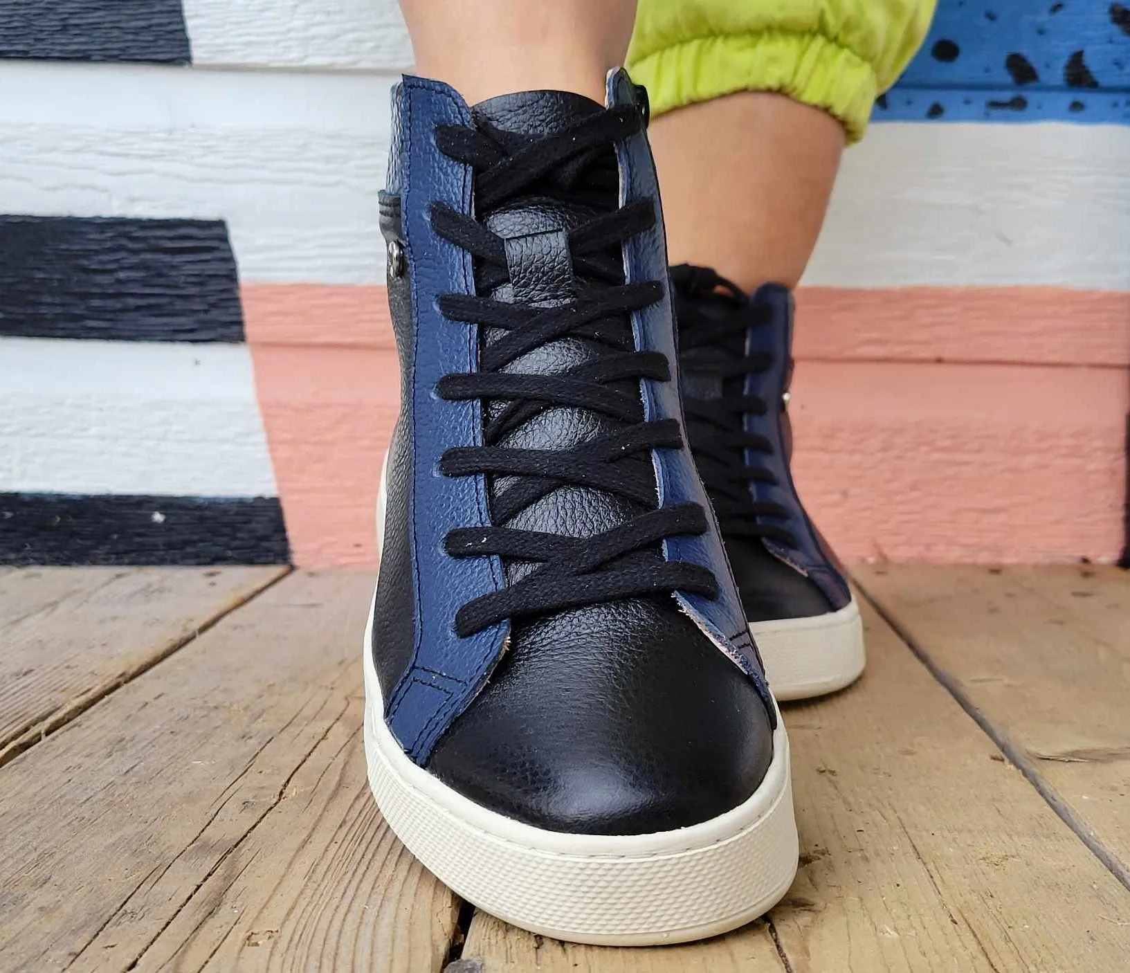 Black & Blue Leather high top sneaker