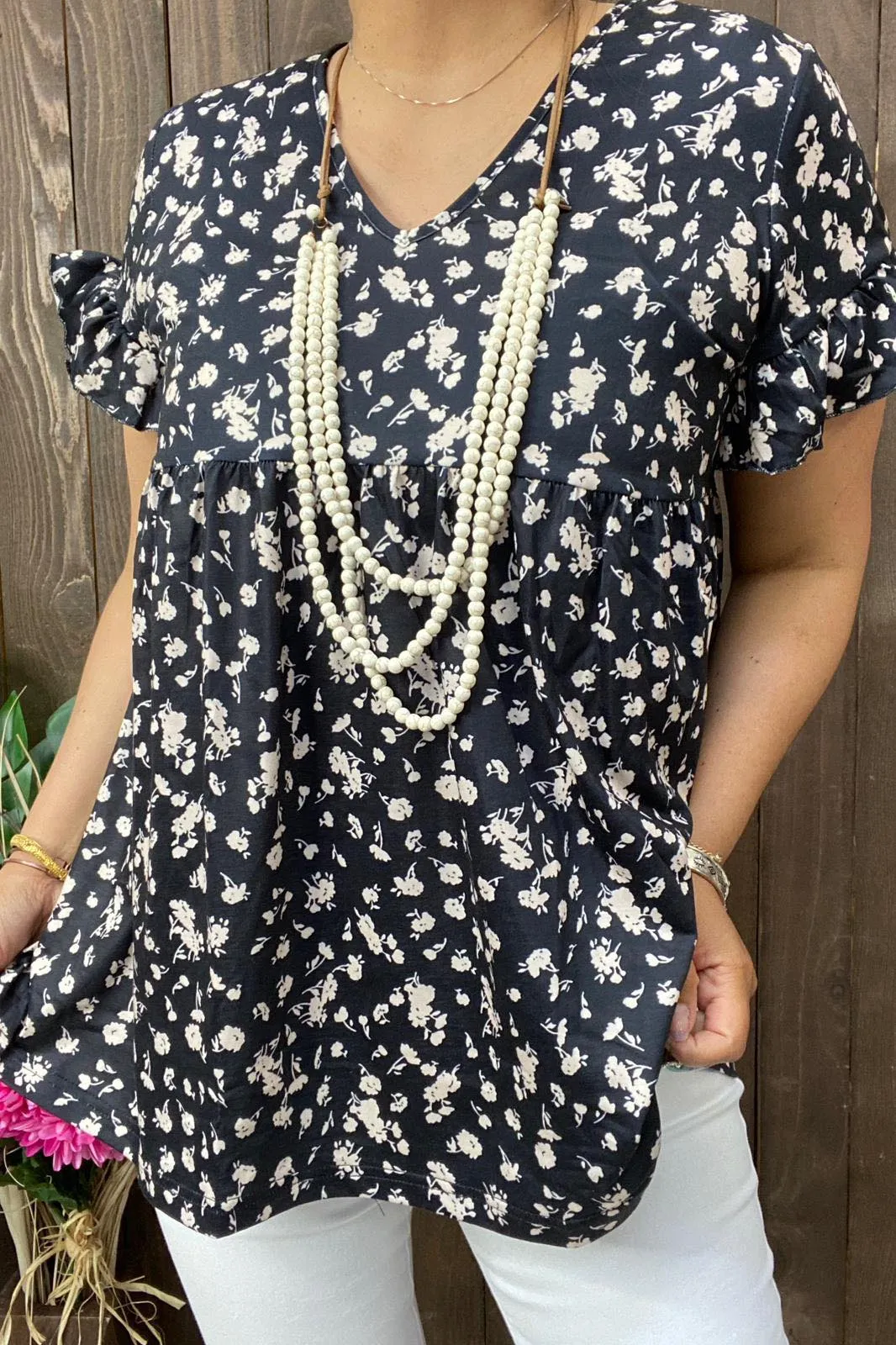 Black & cream floral print baby doll top