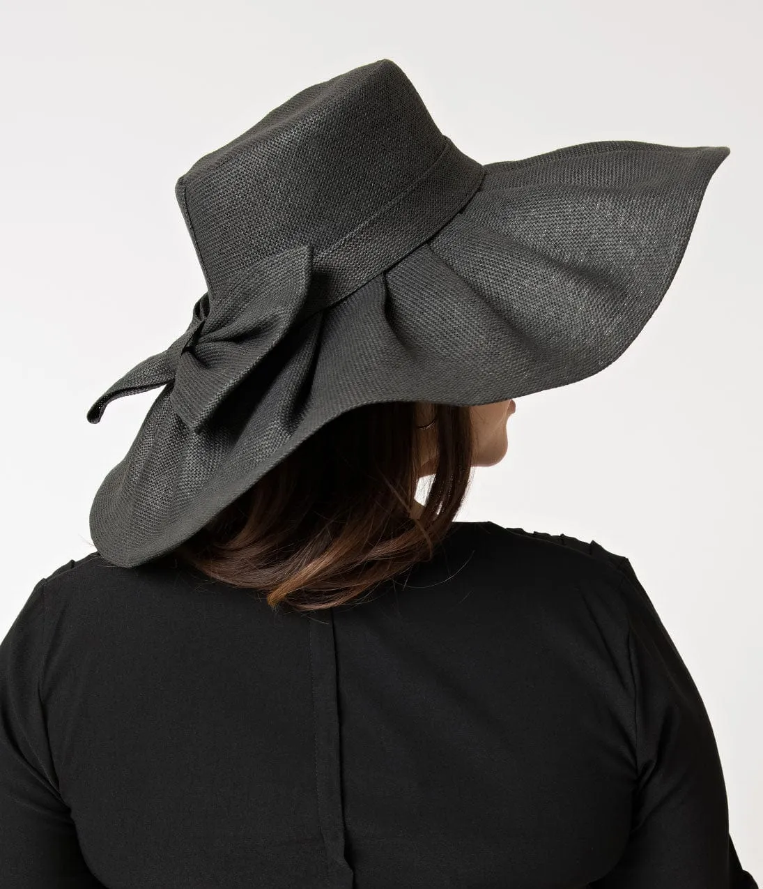 Black Woven Pleated Sun Hat With Bow