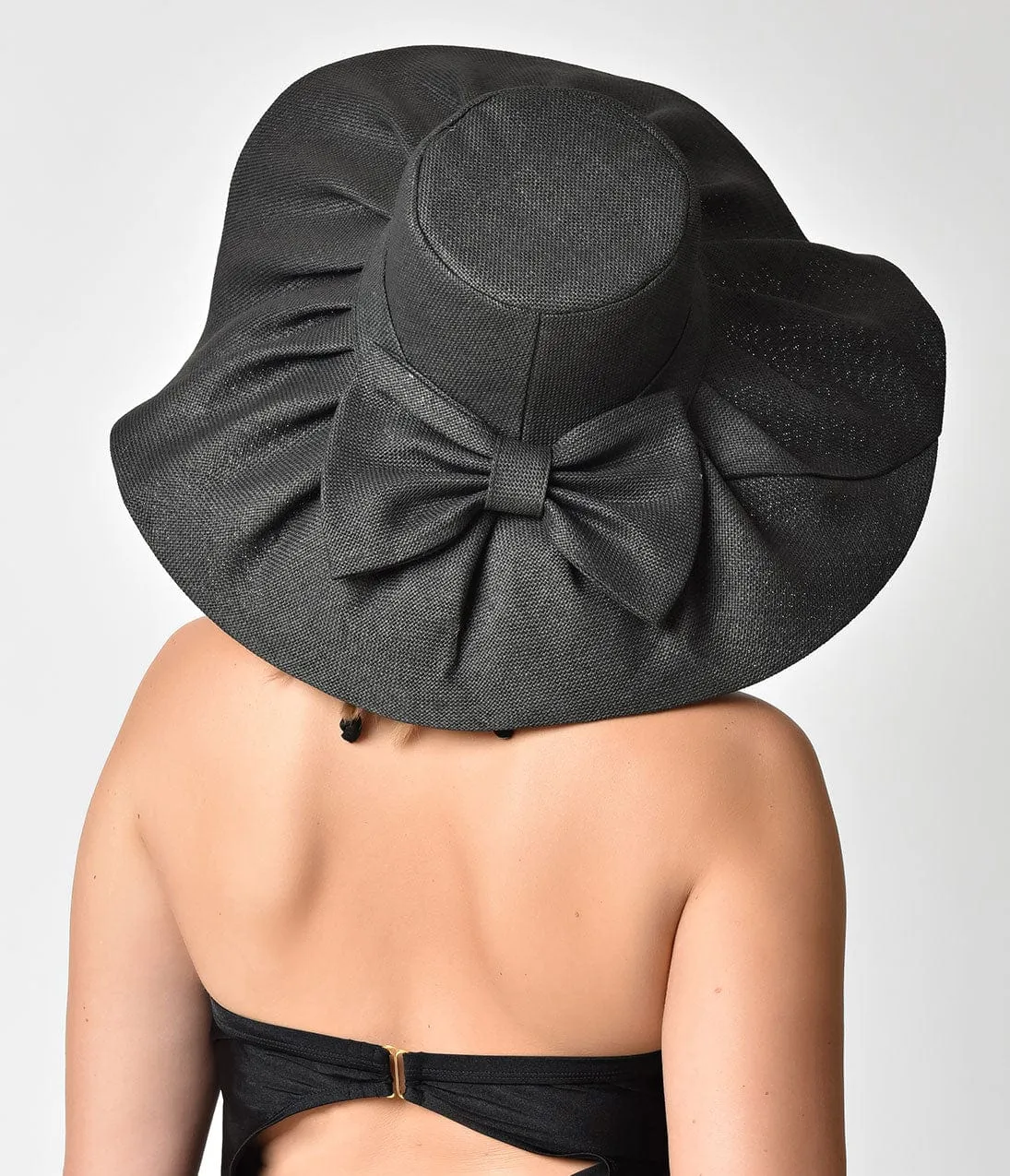 Black Woven Pleated Sun Hat With Bow