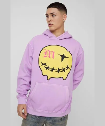 boohoo Mens Oversized Puff Print Smiley Graphic Washed Hoodie