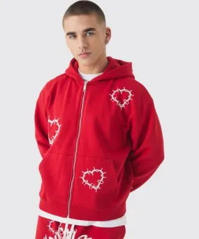 boohooMAN Mens Oversized Boxy Zip Through Heart Print Zip Through Hoodie