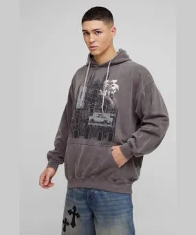 boohooMAN Mens Oversized Washed Raw Hem Distressed Gothic Graphic Hoodie