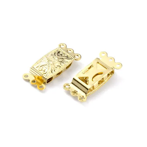 Box Clasps, 304 Stainless Steel, Rectangle, With Heart And Cross Design, 3-Strand Tab, 24K Gold Plated, 20x10mm