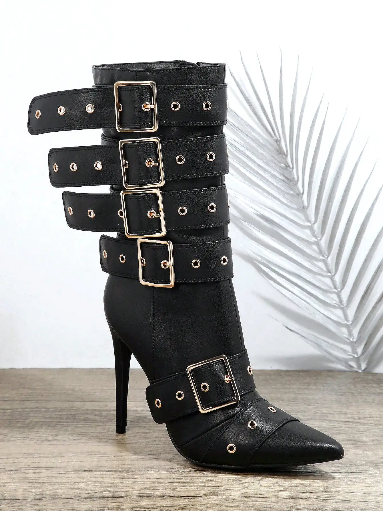 Buckle Decor Side Zip Stiletto Heeled Boots