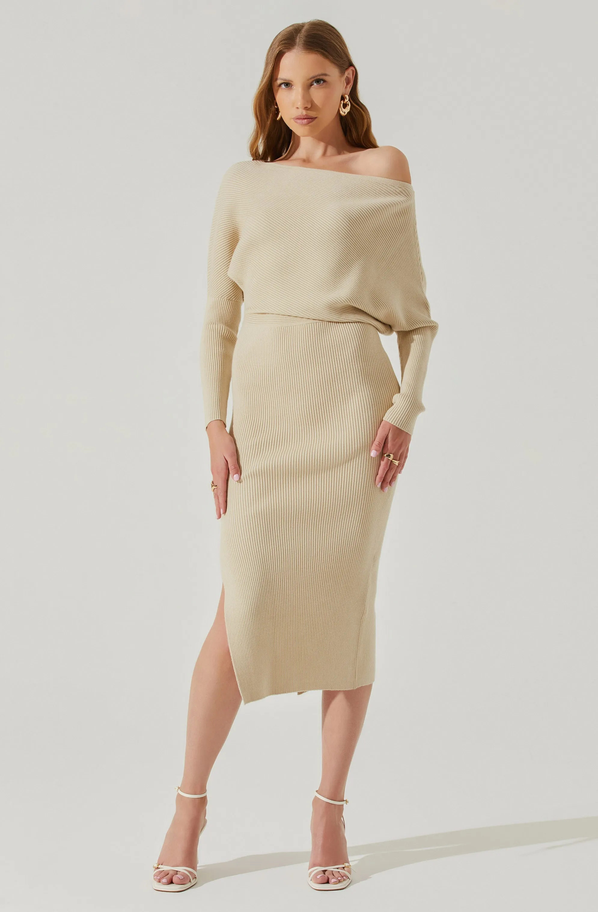 Caris Ribbed Off Shoulder Midi Sweater Dress