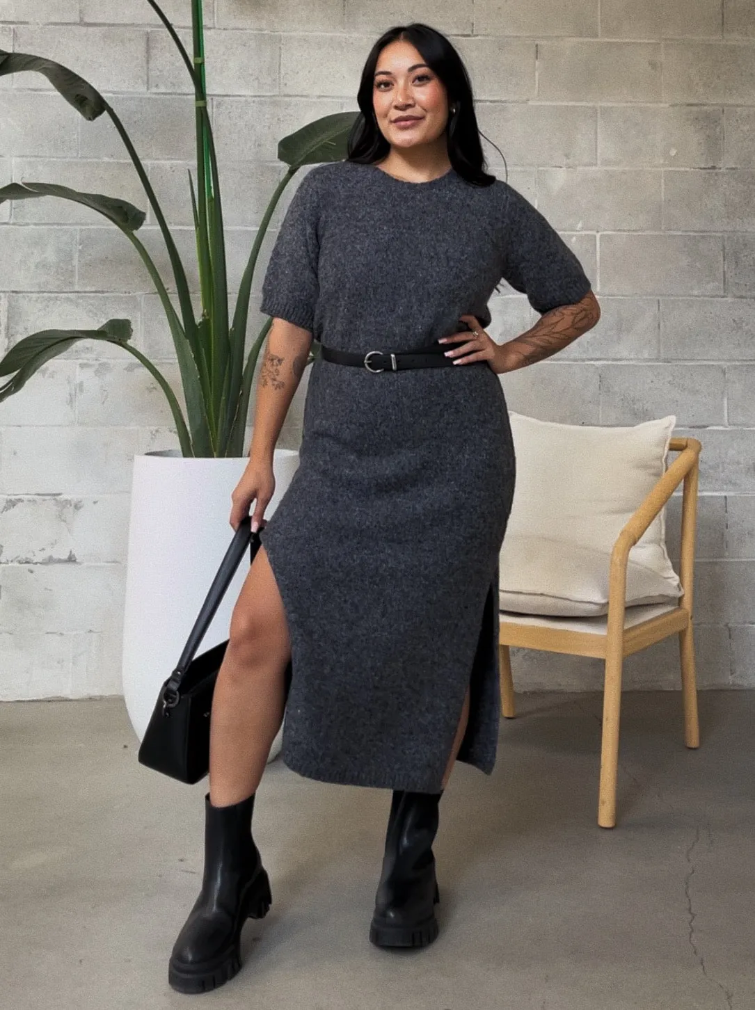 C'EST MOI Knit Crewneck Maxi Sweater Dress