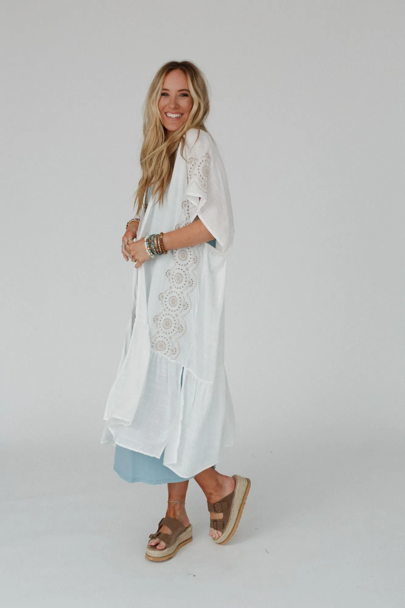 Coronado Embroidered Longline Kimono - White