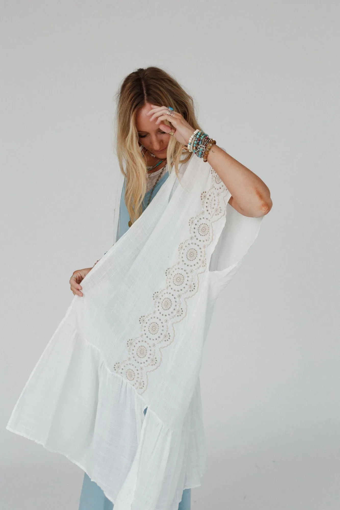 Coronado Embroidered Longline Kimono - White