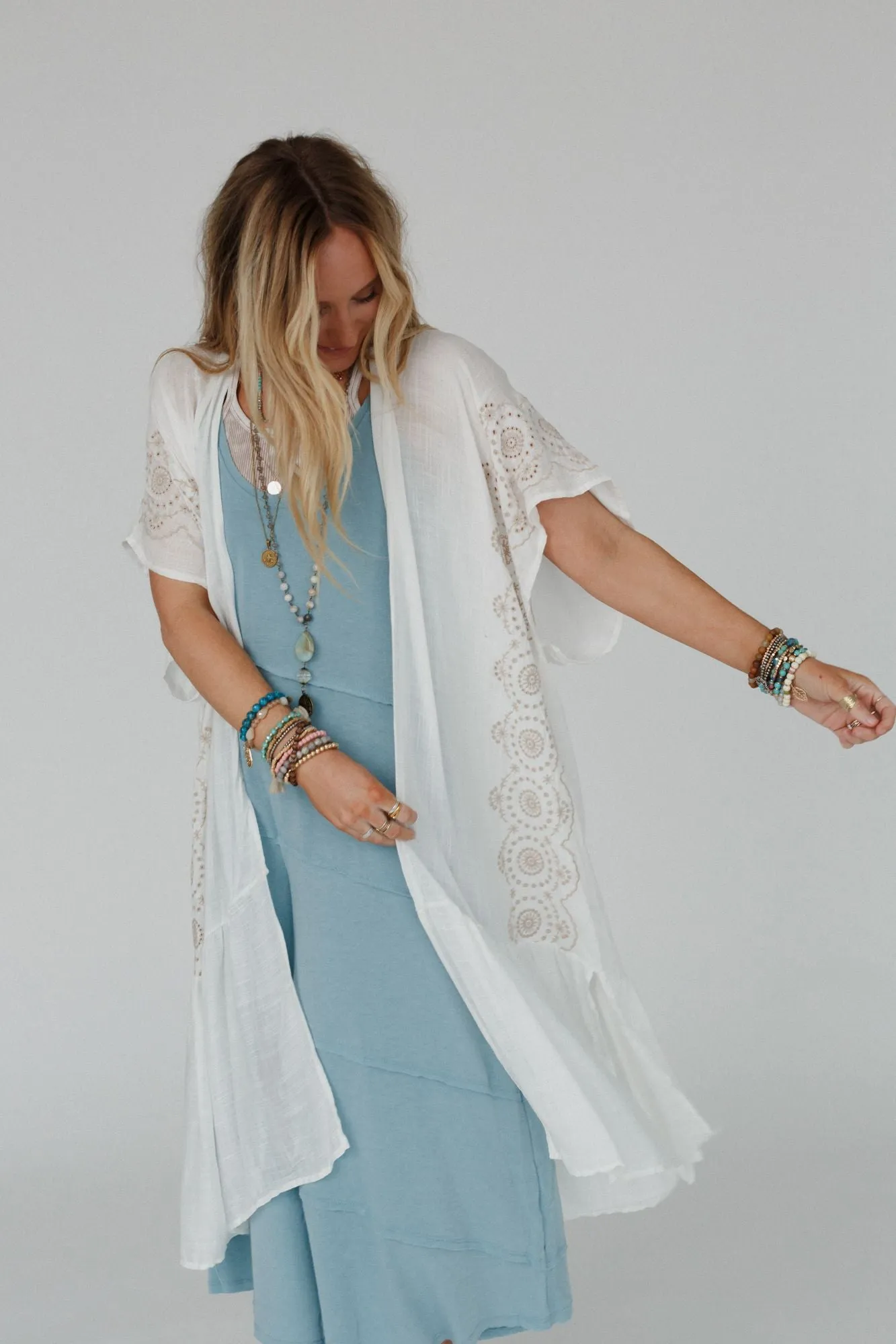 Coronado Embroidered Longline Kimono - White