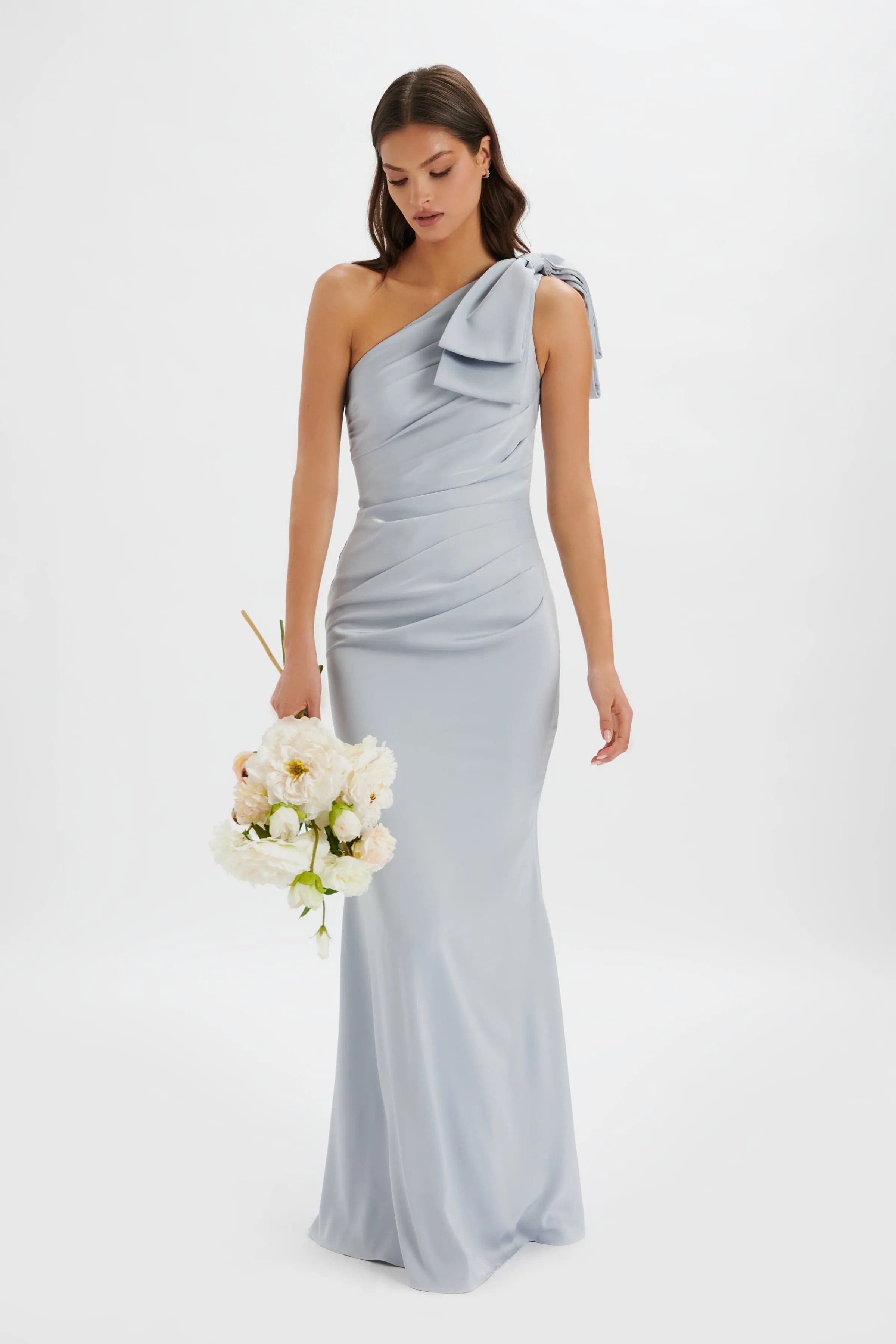 EMELIA One Shoulder Bow Pleated Maxi Dress in Dusty Blue