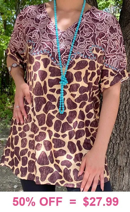 Floral & Animal print, Tan and Brown top