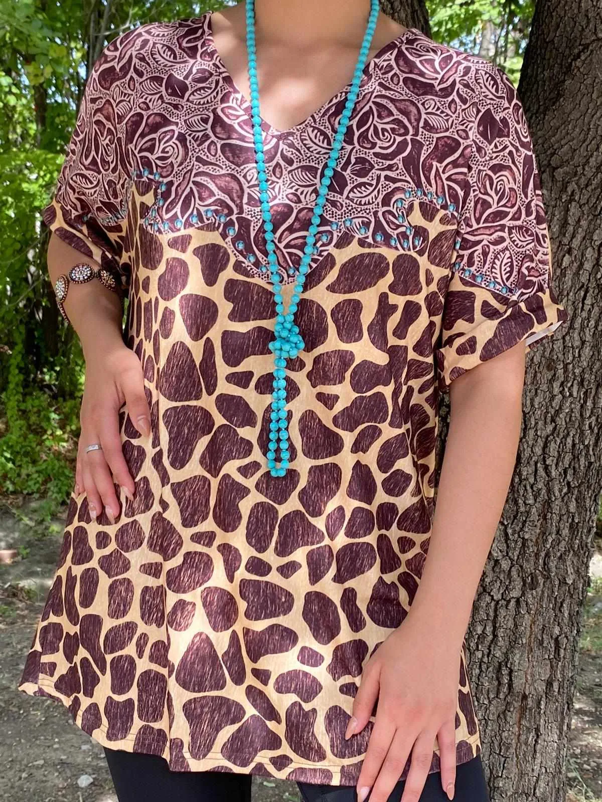 Floral & Animal print, Tan and Brown top