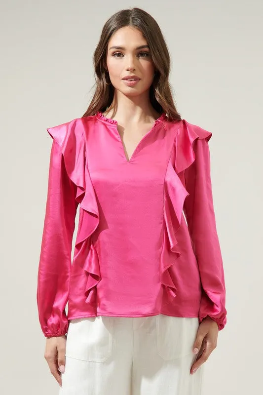 Fuchsia Ruffle Satin Blouse