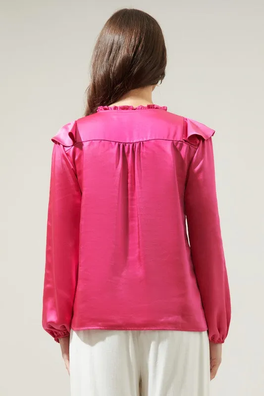 Fuchsia Ruffle Satin Blouse