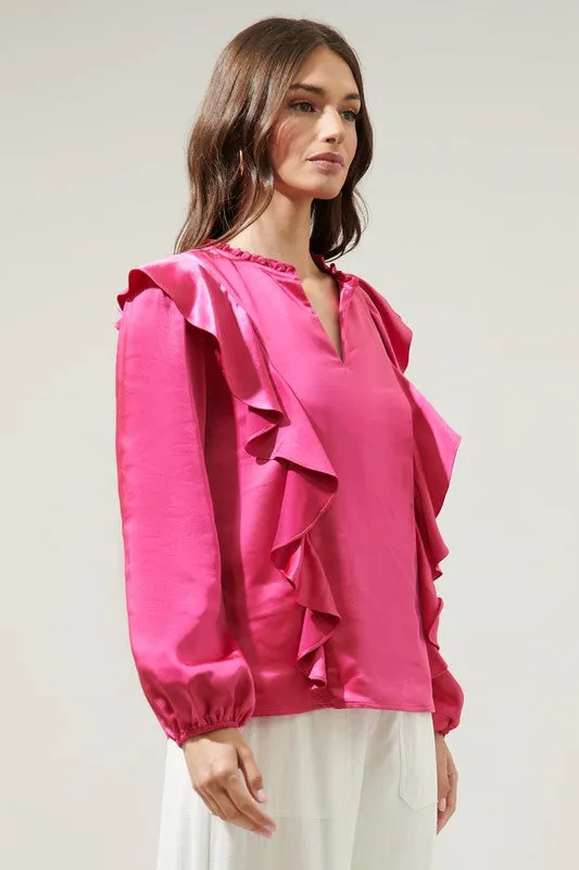 Fuchsia Ruffle Satin Blouse