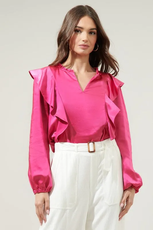 Fuchsia Ruffle Satin Blouse