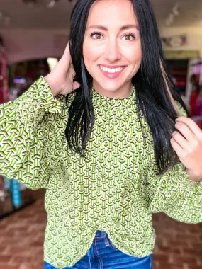 Green Geo Ruffle Neck Blouse