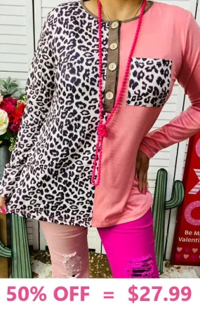 Half Leopard, Half Pink long sleeve top with pocket