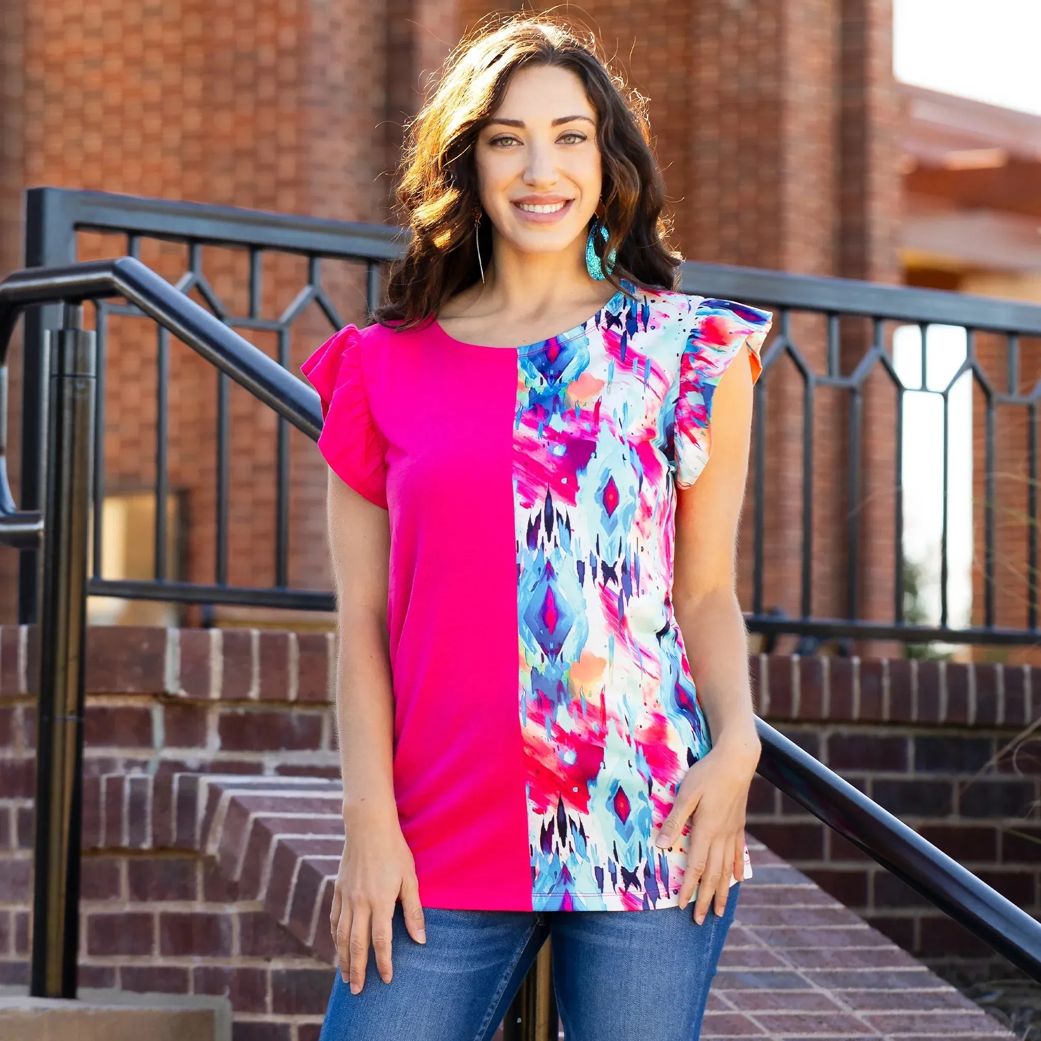 Half Pink, Half Blue watercolors cap sleeve top