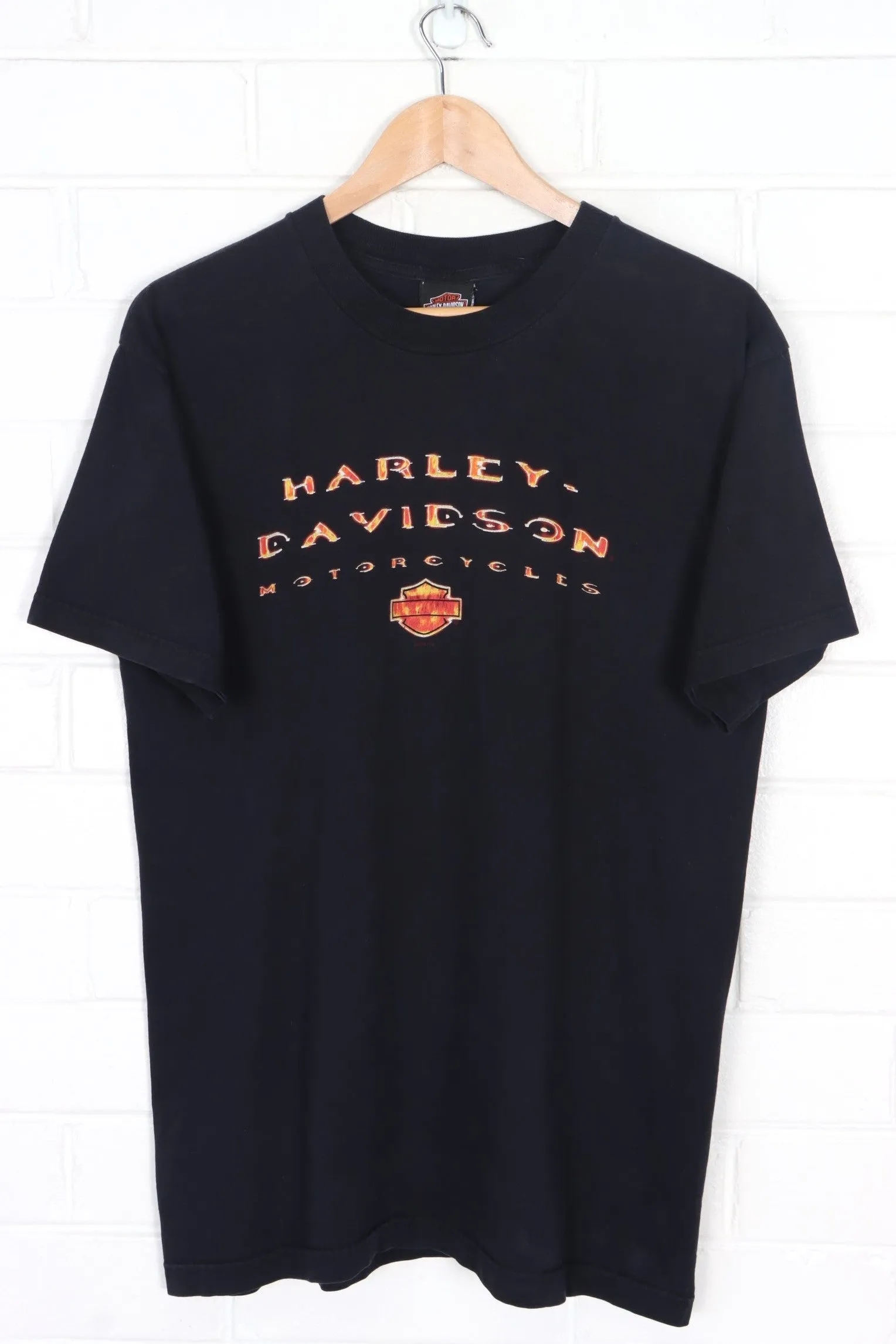 HARLEY DAVIDSON Flaming Spell Out Logo Front Back T-Shirt (M)