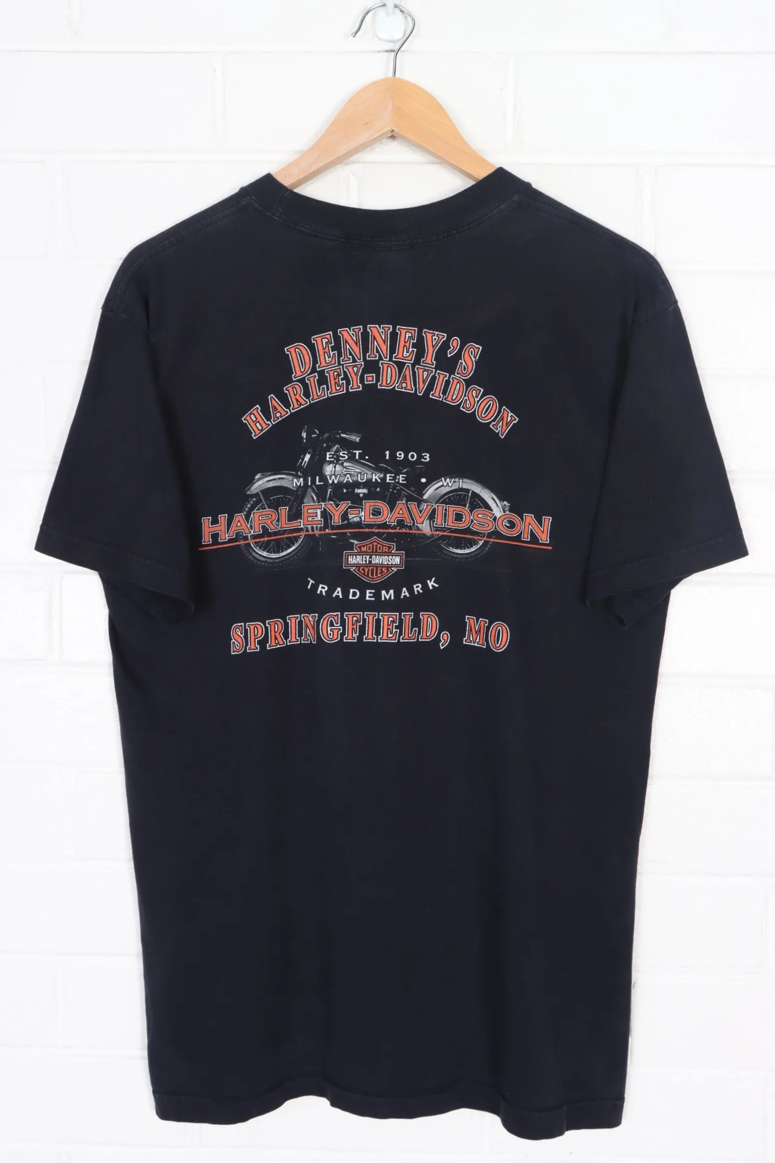 HARLEY DAVIDSON Flaming Spell Out Logo Front Back T-Shirt (M)