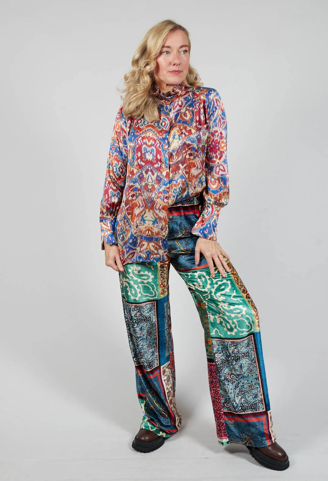 High Neck Blouse with Ruffle in Azarro Print