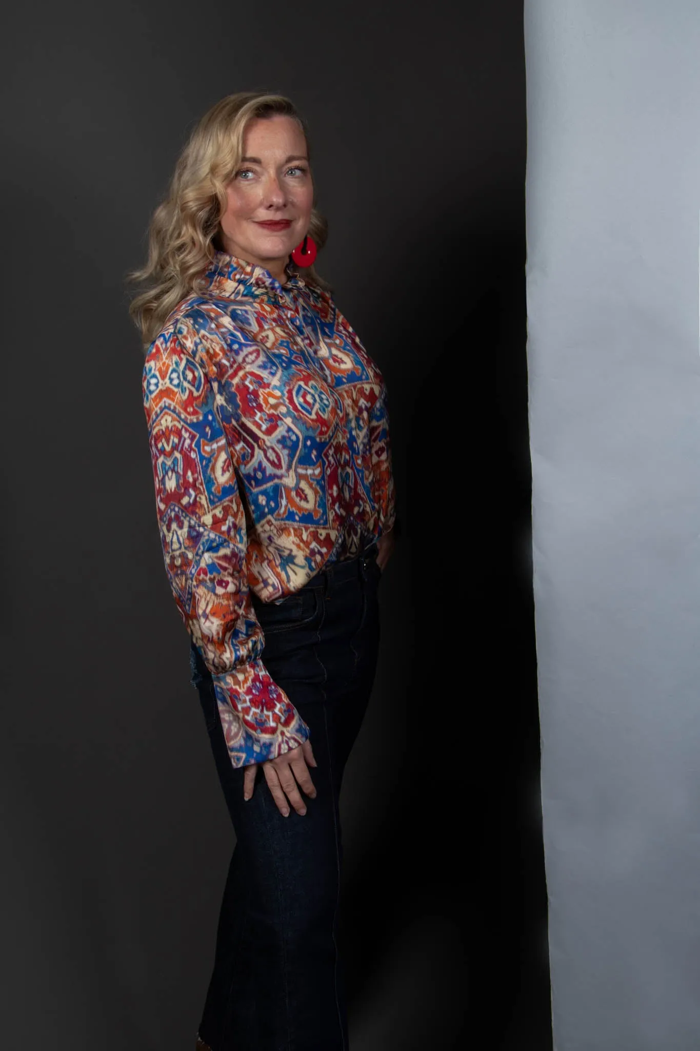 High Neck Blouse with Ruffle in Azarro Print