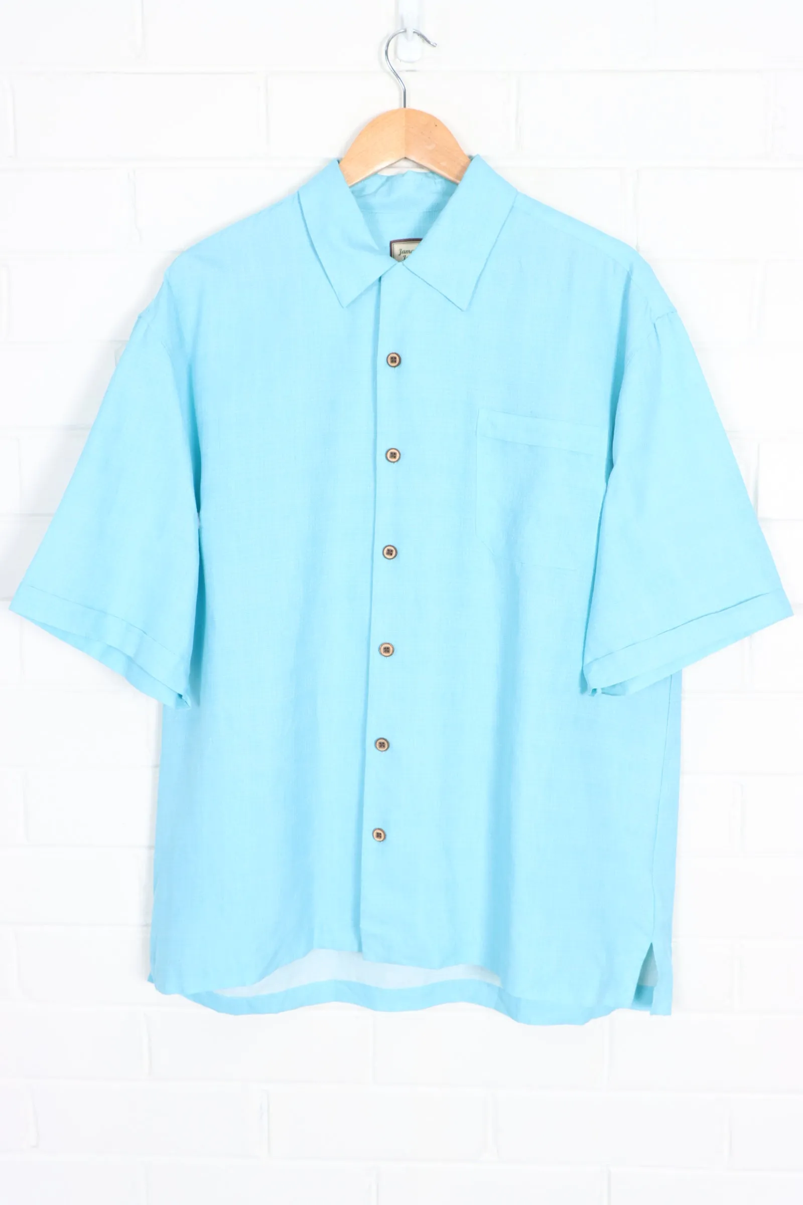 JAMAICA JAXX Blue Silk Embossed Short Sleeve Shirt (XL)