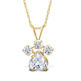 Jewelili 10K Yellow Gold Heart and Round Shape Cubic Zirconia Paw Pendant Necklace