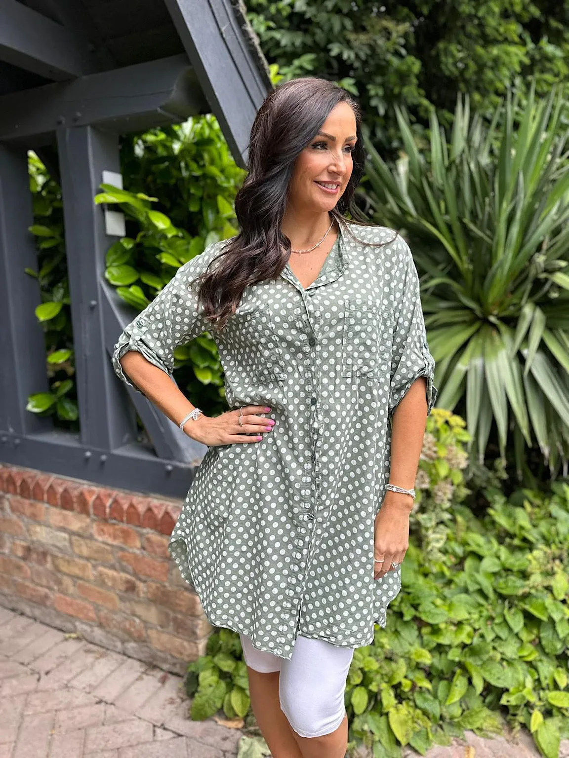 Khaki Polka Dot Longline Shirt Patsy