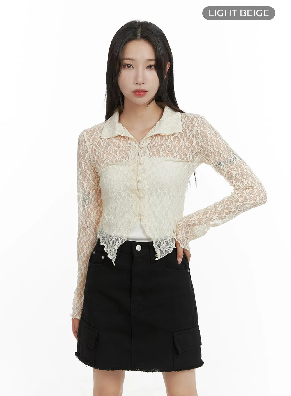 Lace Solid Ruffle Hem Long Sleeve Blouse CM427