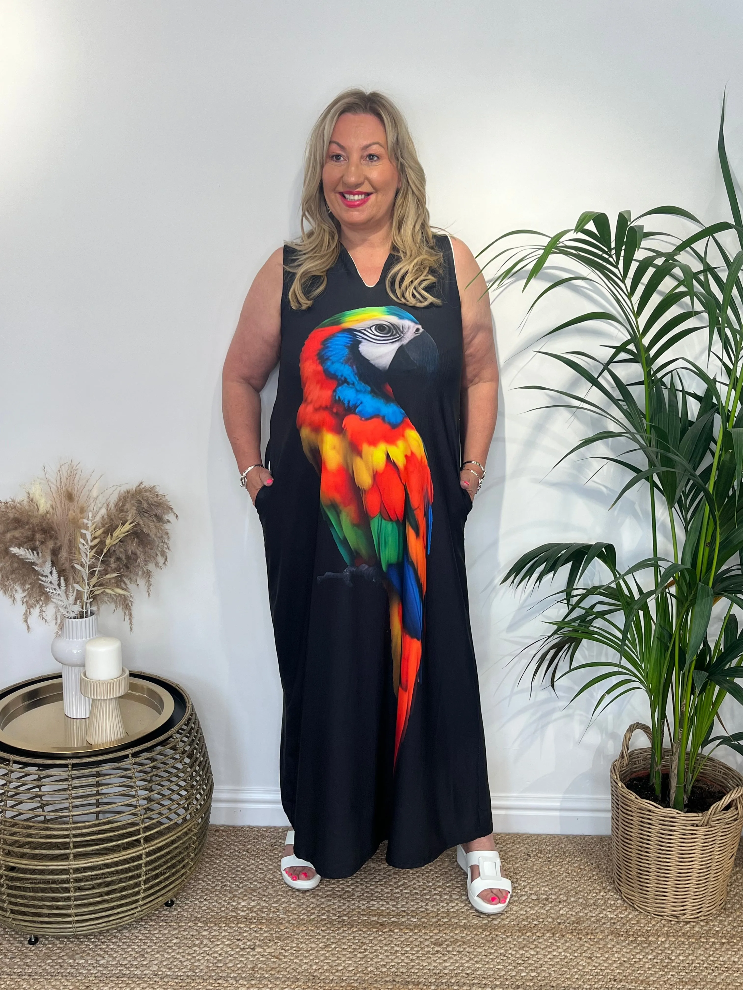 LEAH Longline Parrot Motif Dress