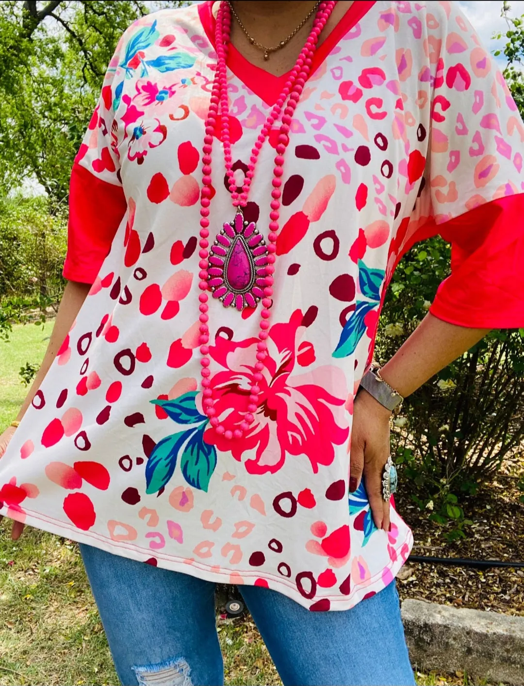 Leopard & Floral v-neck top