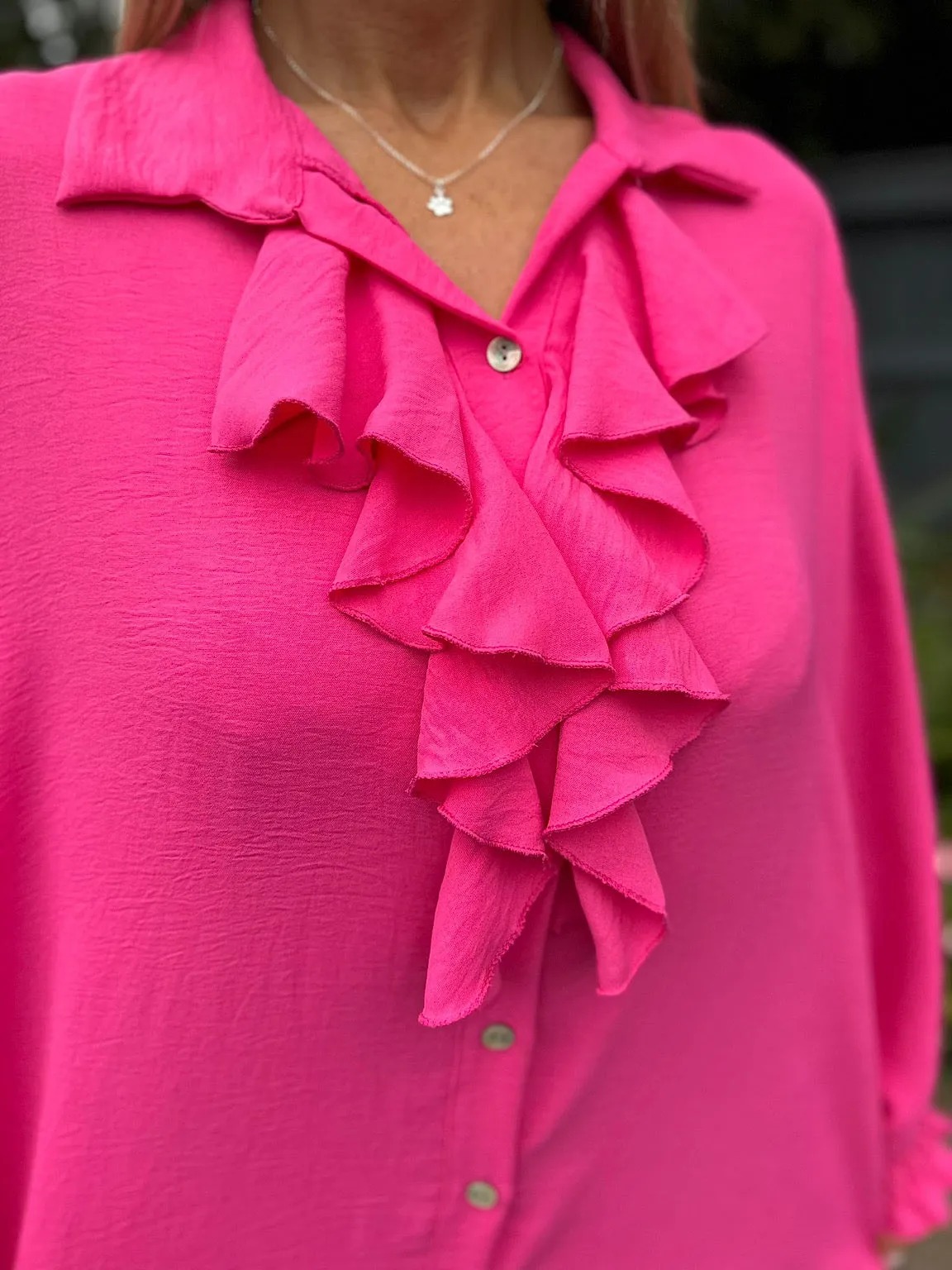 Lipstick Pink Ruffle Front Blouse Annie