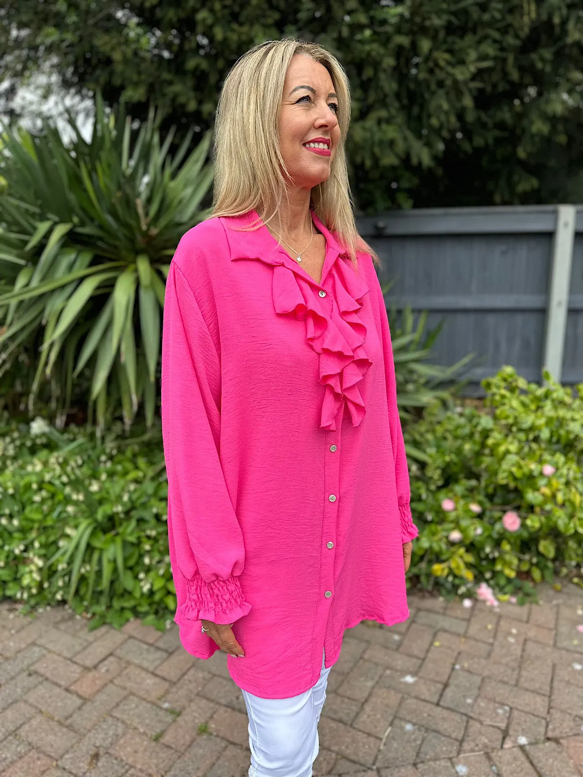 Lipstick Pink Ruffle Front Blouse Annie