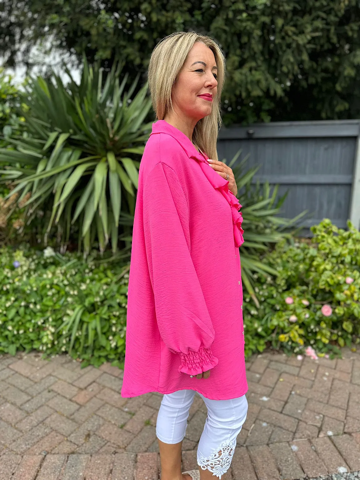 Lipstick Pink Ruffle Front Blouse Annie