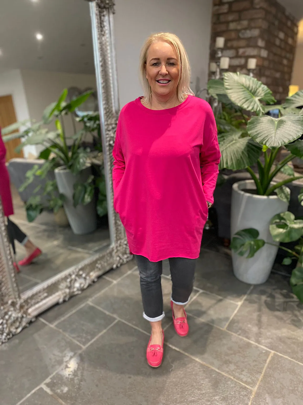 Lipstick Pink Two Pocket Longline Top Jenna