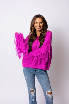 Loved Me To Pieces Fringe Sweater - Pink