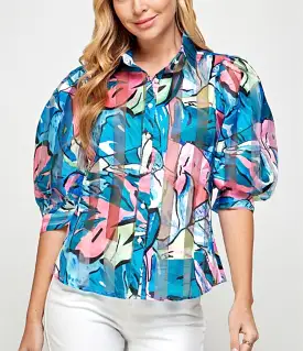 LP8563 Multi Blue puff sleeves top