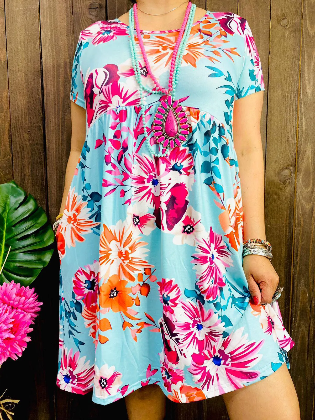 M, L, XL, 2X, 3X  Light Blue Floral Dress