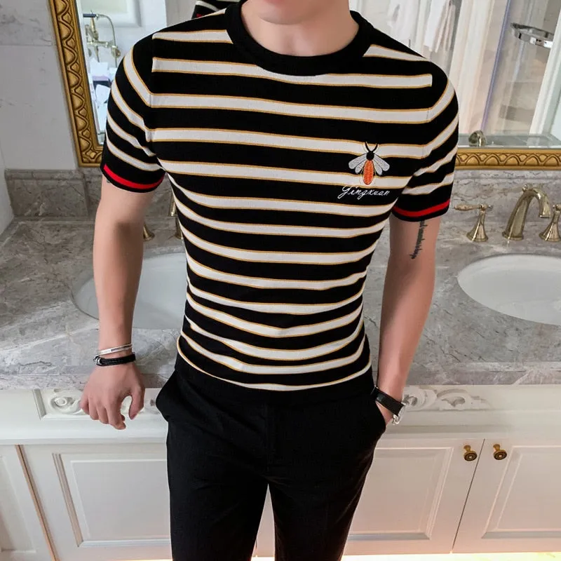 Men's Summer Knitted Striped Round Neck Slim Fit Streetwear T-Shirt